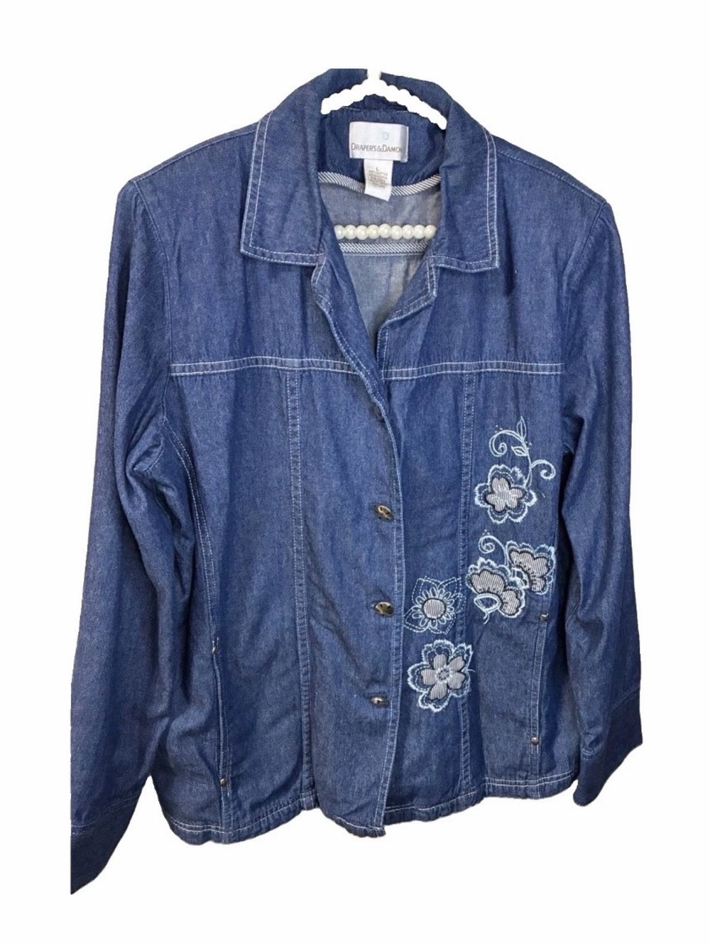 Draper's & Damon's Denim Jacket Womens L Blue Good Floral Embroidered Cotton